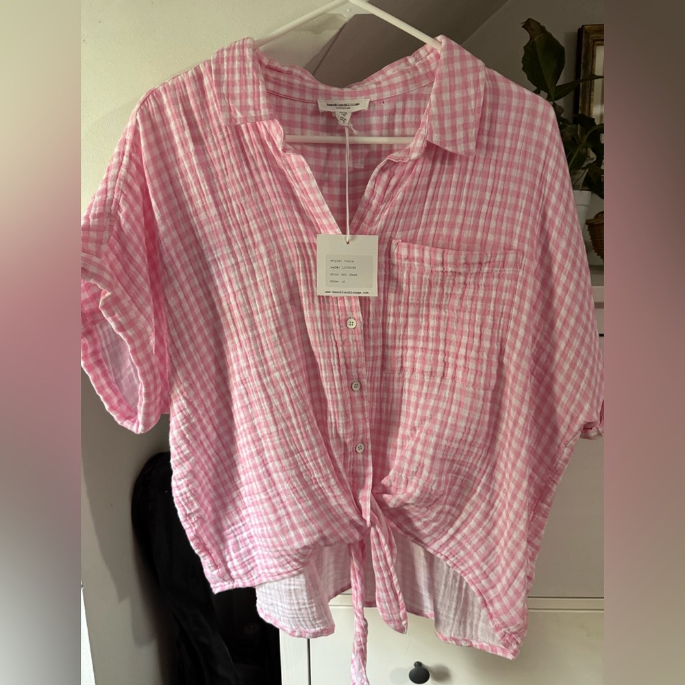 beachlunchlounge Pink Gingham Button-Down Tie Front Shirt